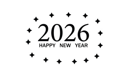 2026 happy new year minimal typography design with decorative stars arranged in circle, elegant black and white festive text illustration isolated on white background