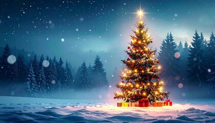 Fototapeta premium Weihnachtsbaum im Schnee – Winterwald bei Nacht