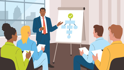 business presentation meeting illustration with team discussion, training seminar, corporate strategy planning and professional coaching session