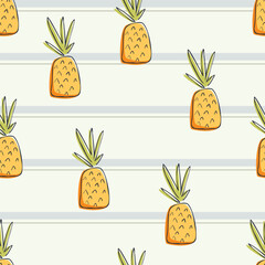 Hand-Drawn Pineapple Seamless Pattern. Cute yellow fruit vector print on a soft striped background. Perfect for summer fabric, textile, apparel, wrapping paper, surface design and more