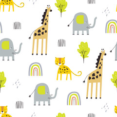 Whimsical Safari Animal Seamless Pattern. Cute cartoon elephant, giraffe, and leopard vector print. Perfect for kids nursery wallpaper and fabric