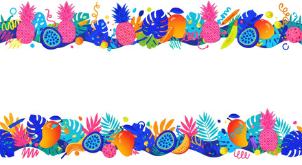 Naklejka premium highly stylized vector pattern border featuring neon tropical fruits, monstera leaves, and confetti squiggles on transparent copy space background. concept for a vibrant festive event