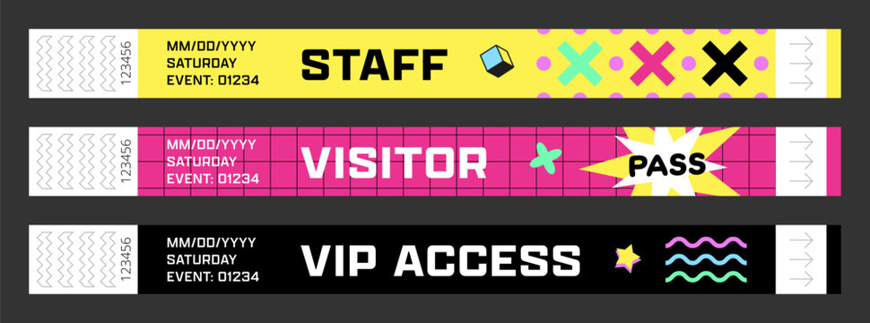 Event wristband set. Staff, visitor and VIP access pass. Vector template