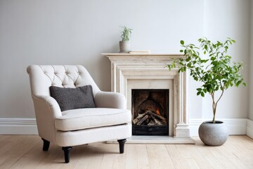 Elegant upholstered armchair rests beside a decorative fireplace in a bright room