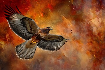 Brown and gray buzzard with outstretched wings soaring against fiery orange and red cosmic sky bird of prey