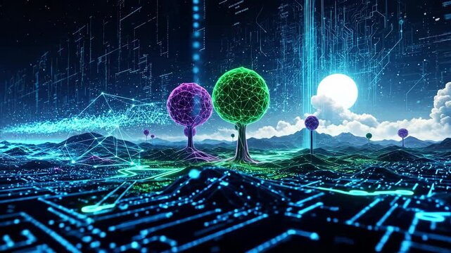 Observing a Dynamic Abstract Landscape with Neon Trees and Digital Pathways