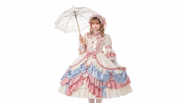 Lolita subculture fashion model adjusting dress, isolated on white