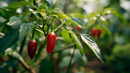 Close up of ripe red chili peppers hanging on lush green plant,  a spicy culinary ingredient,  pepper plant growing in organic garden, red pepper on the vine.