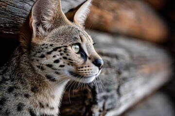 Portrait of a cute savannah cat in rustic wooden wall.