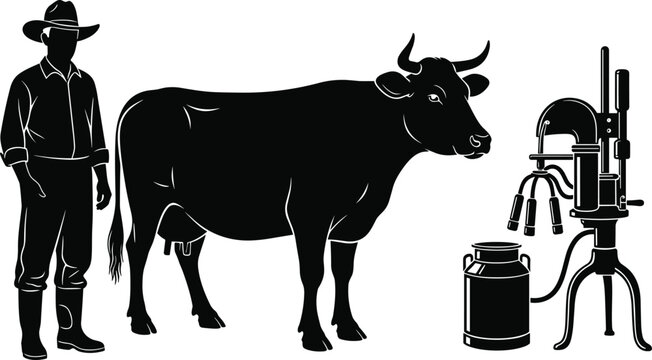 Silhouette of dairy farmer standing next to cow and milking machine, black and white vector illustration, agriculture milk production concept, farm equipment