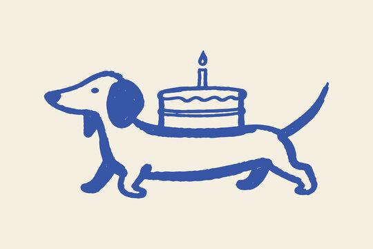 Dachshund With Birthday Cake Minimal Flat Vector Illustration