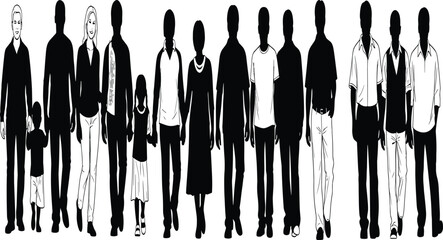 Diverse group of people silhouettes standing together symbolizing unity, community, society, teamwork, inclusion, equality, and modern urban population concept