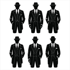 Elegant Gentleman Suit with Fedora Hat Silhouette Collection, Men's Fashion Icons