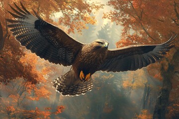 Brown buzzard with outstretched wings soaring through autumn forest with orange foliage bird of prey