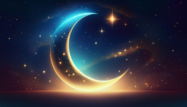 a crescent moon glowing brightly in a dark sky filled with twinkling stars and soft ambient light effects