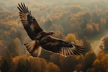 Brown buzzard soaring over autumn forest with outstretched wings in golden morning light bird of prey