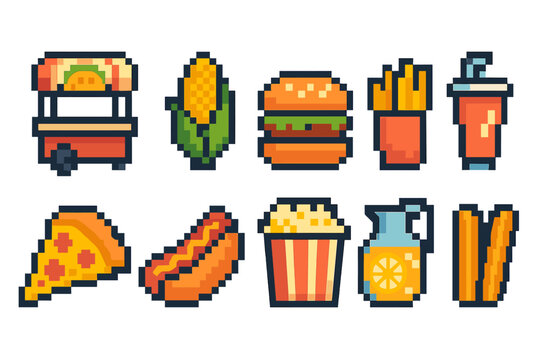 Food and drink icon set. Fast food, snacks and beverage icons in pixel art style