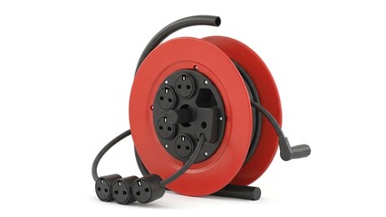 Red and black electric cable reel with multiple outlets and cord isolated on white background