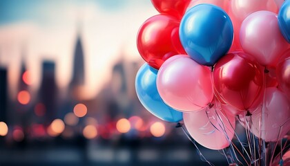 a vibrant bunch of pink red and blue balloons against a blurred black and white cityscape background image