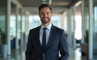 Businessman in suit standing smiling in office. High quality