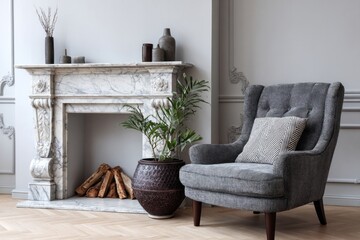 Elegant interior space features a white marble fireplace next to a comfortable gray upholstered armchair