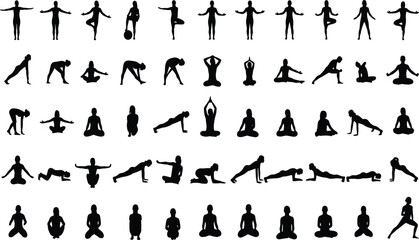 Yoga and fitness silhouettes collection displaying stretching, balance, meditation, and workout poses illustrating wellness, flexibility, mindfulness, and healthy lifestyle concept