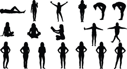 Female yoga and fitness silhouettes collection showing stretching, meditation, balance poses, wellness, flexibility, exercise, and healthy lifestyle concepts