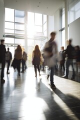 Fototapeta premium Blurred crowd of diverse young adults in modern sunlit building interior