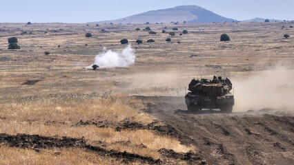 Merkava Tank Missile Training Fire
Israeli Merkava main battle tank firing an anti tank missile during a live military training exercise, filmed in November 2025, Israel 
