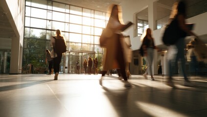 Modern office lobby with diverse people in motion