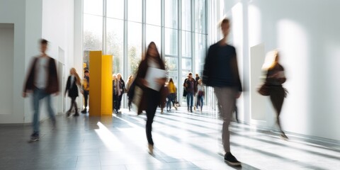 Fototapeta premium Blurred crowd in modern building interior with natural light and shadows