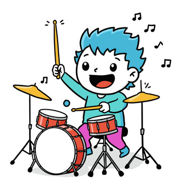 happy boy drummer with blue hair playing red drums for music school advertising, kids party invitations, talent show posters, entertainment blogs, hobby promotion, with copy space
