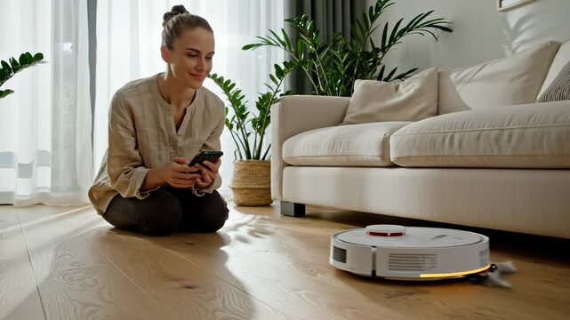 Woman controls robot vacuum with smartphone in living room. Smart cleaning device on wooden floor. Woman uses phone for vacuum control. Robot cleaner works while woman sits with smartphone app.