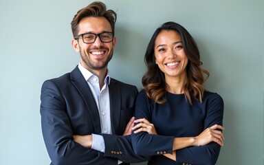 Portrait smiling business couple posing with arms crossed and copy space. High quality