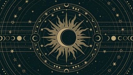 Obraz premium A mystical celestial illustration featuring a sun and moon phases on a dark background with stars and planets