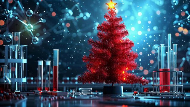 hristmas tree made from red tinsel stands on a laboratory table, surrounded by test tubes and scientific equipment	
