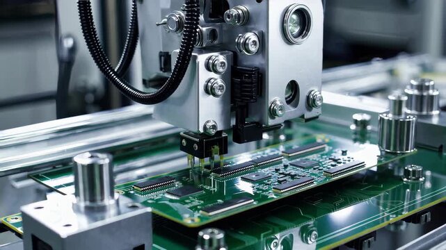 close-up of automated machine placing microchips on PCB, electronic circuit board manufacturing, precision robotics, high-tech factory