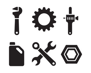 Obraz premium mechanic tools, ratchet wrench, Hammer, gear symbol, torque wrench, oil can, spanner pair, hex nut, flat screwdriver silhouette, mechanic tools black vector silhouette illustration different set
