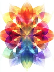 A breathtakingly vibrant and intricate abstract floral mandala, showcasing a harmonious spectrum of translucent, overlapping rainbow petals in a symmetrical, ethereal design.