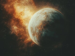 Cosmic Grandeur: A weathered exoplanet, its rugged, textured surface brilliantly illuminated by the radiant, swirling golden and orange gas of a vast nebula, contrasting with star-dusted deep space.