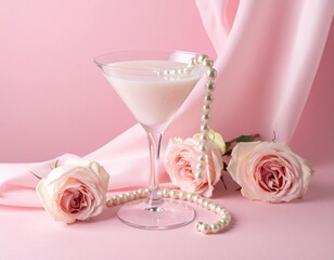 Pastel pink floral still life with cocktail glass