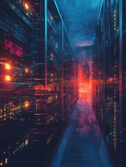 Futuristic Data Nexus: A Dynamic Visualization of a High-Density Server Room's Glowing Racks, Symbolizing the Core of Advanced Digital Infrastructure, Cloud Computing, and AI Innovation.