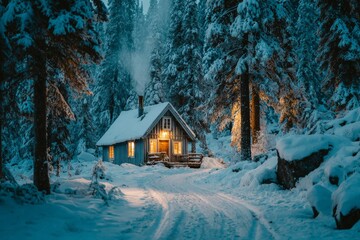 A small wooden cabin glowing with warm yellow light in the middle of a snowy forest. Generative AI