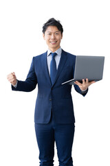 ノートパソコンを持つ男性ビジネスマン（背景透過PNG）