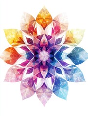 Vibrant Abstract Lotus Mandala Art: Symmetrical Bloom with Luminous, Translucent Petals and a Rainbow Gradient from Golden Orange to Deep Blue, Symbolizing Spiritual Harmony and Modern Serenity.