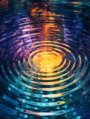 Vibrant Abstract Water Ripples with a Glowing Golden Orange Heart, Spreading Concentric Waves Reflecting a Dynamic Spectrum of Deep Blue, Royal Purple, and Serene Teal Hues