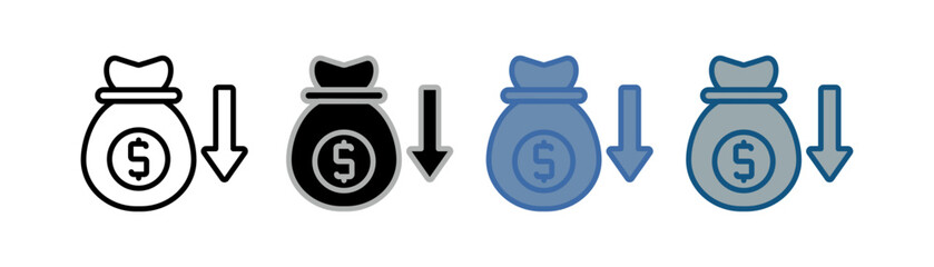 
money lost icon set multiple style collection with money bag and down arrow design