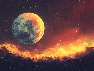 Vibrant alien planet, half serene blue, half fiery orange, hovers above incandescent, swirling cosmic nebula. Ethereal glow illuminates vast, star-filled galaxy, an epic celestial vista.