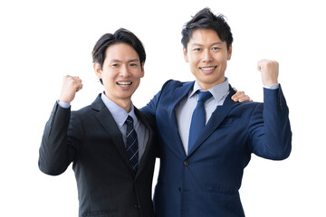 肩を組んでガッツポーズをする2人の男性ビジネスマン（背景透過PNG）