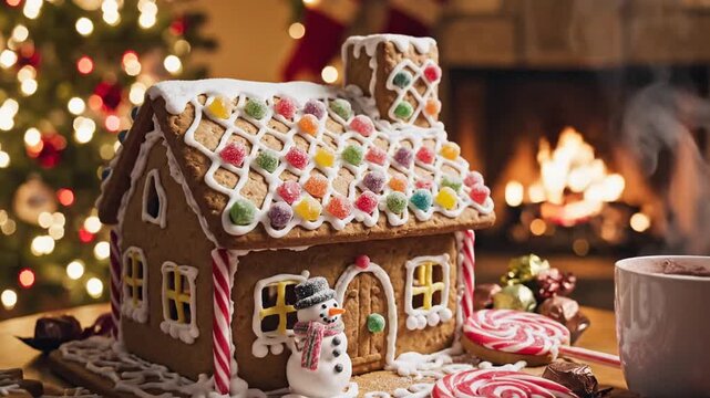 Gingerbread house and candies with coffee mug near fireplace festive decorations